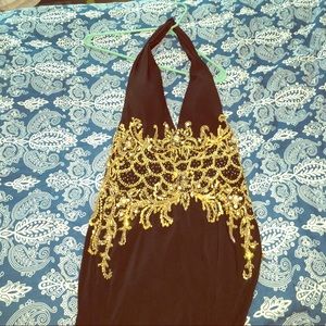 Jovani 9862 Halter Neck Open Back Gold Beaded