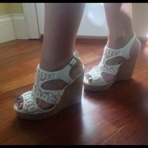 Cream Lace Crochet Platform Cork Wedges by Lucky