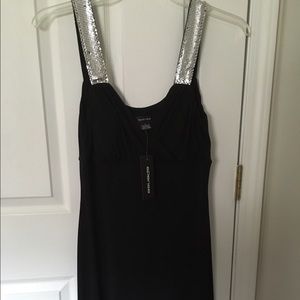 Black evening dress with silver sequence straps