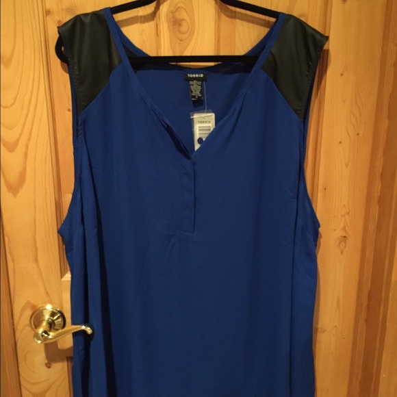-SOLD-NWT Blue Tank with Black Faux Leather Straps