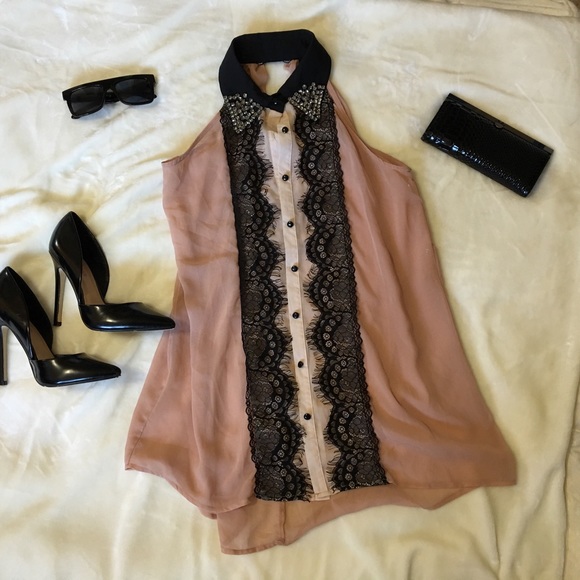 bedazzled, sheer, sleeveless button up