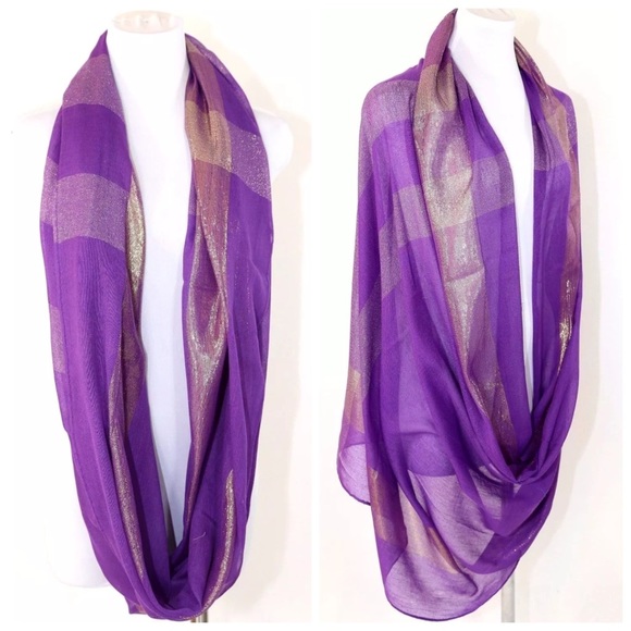 B158 Purple Gold Metallic Lurex Infinity Scarf - Picture 3 of 3