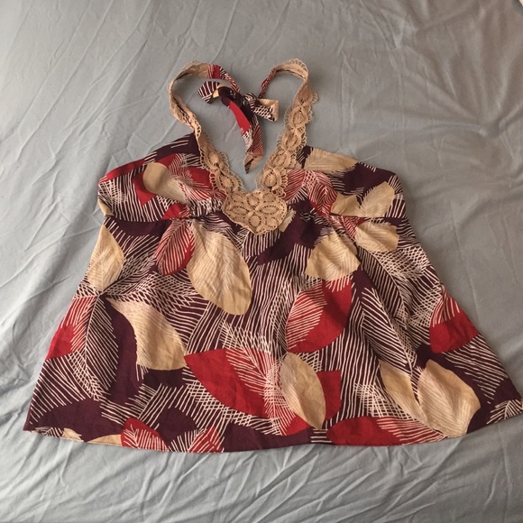 BCBGMAXAZRIA multi-colored leaf print halter top