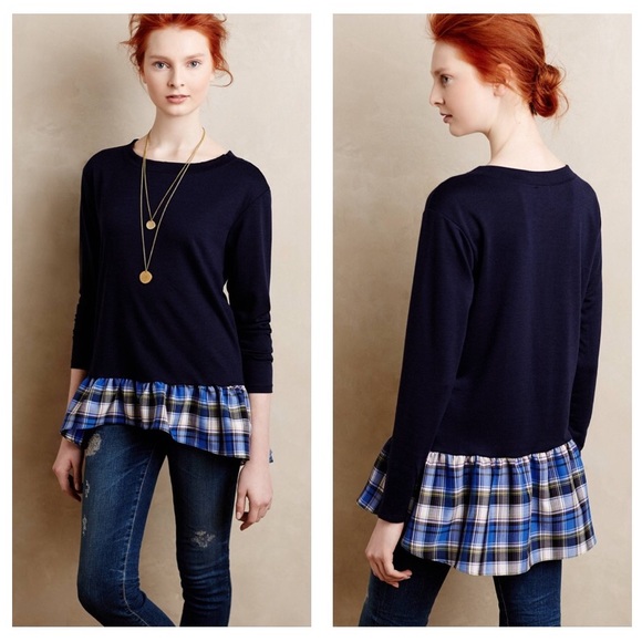 Anthropologie Tops - Anthropologie Plaid Ruffle Sweatshirt