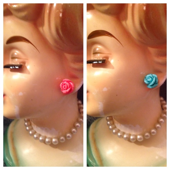 2 Pair (Aqua & Coral) 8mm Resin Rose Stud Earrings - Picture 2 of 4