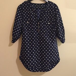 Navy & White Polka Dot Sateen Blouse 3/4 Sleeve
