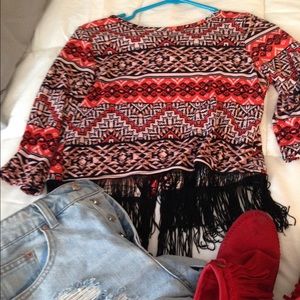 Red and black fringe crop top