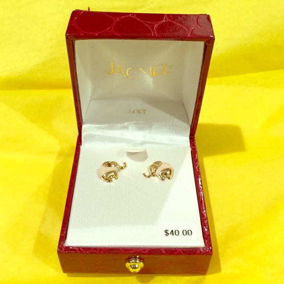 14KT Gold Elephant Earrings with Light Pink Enamel
