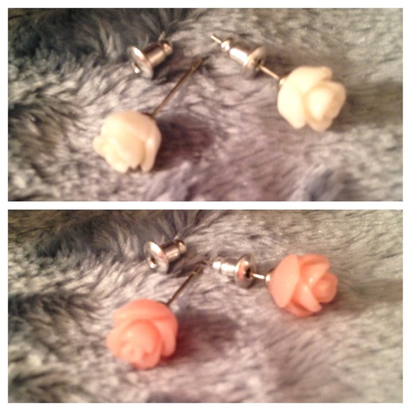 2 Pair (Pink & White) 8mm Resin Rose Stud Earrings - Picture 3 of 4