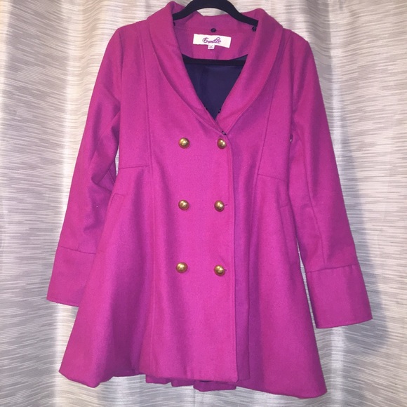 Fuchsia pea coat with detachable faux fur collar
