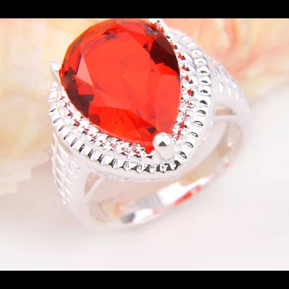New Silver 925 Water Drop Red Garnet Ring Size 8