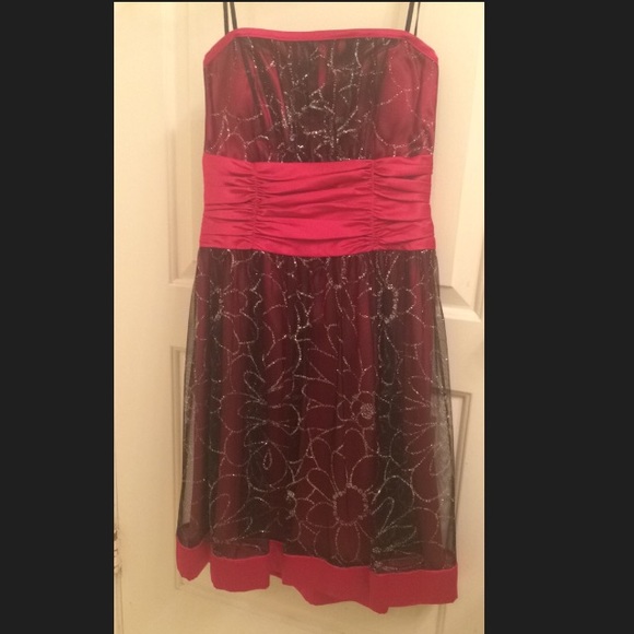 Pink and black strapless dress