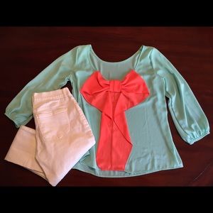 Aqua and coral bow back top size Small