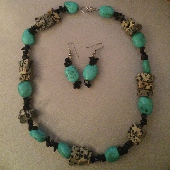 Turquoise beaded necklace and earrings