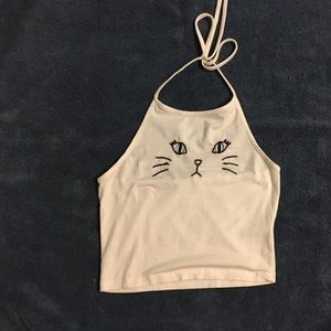 Cat embroidered halter crop top!