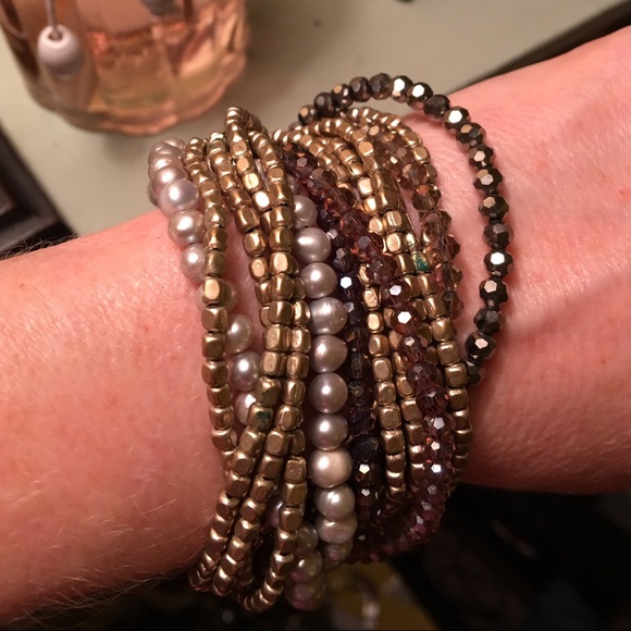 Anthropologie Jewelry - ✨Anthro pearl+gold+silver+purple beaded bracelet✨