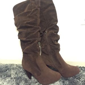 Brown slouch knee high boots