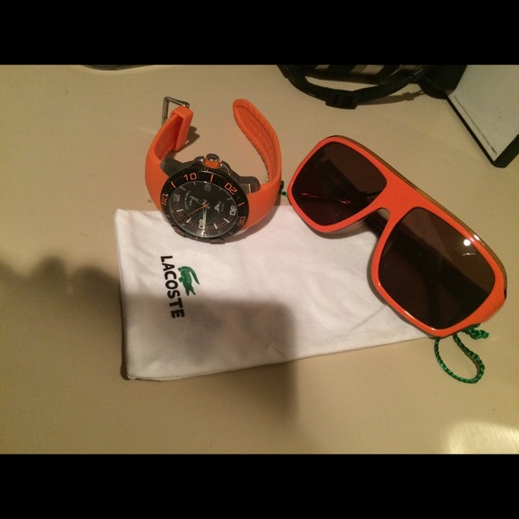 Orange Lacoste eyeglasses and Tommy Bahama watch