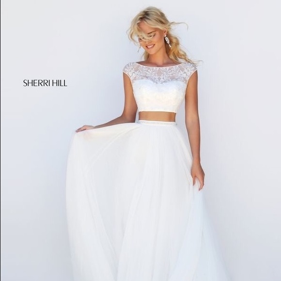 White two piece Sherri hill inspired prom dress