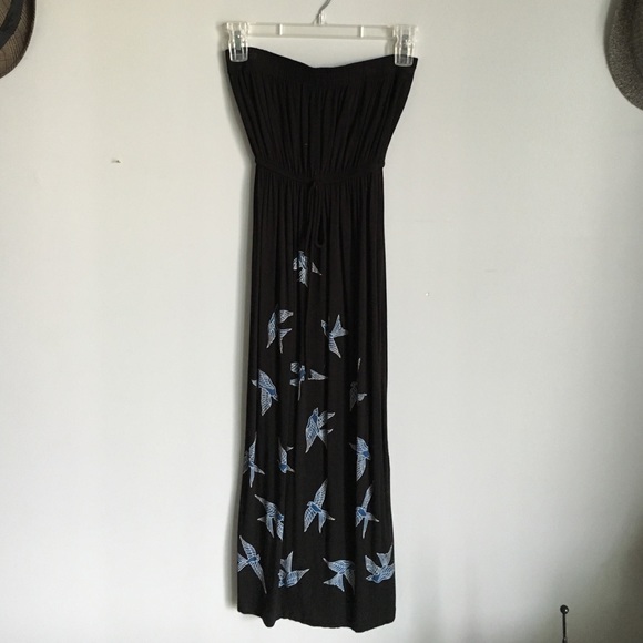 Black strapless dress with blue birds! Midi length - Picture 1 of 3