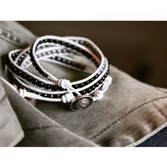 White and Black Beaded Leather Wrap Bracelet