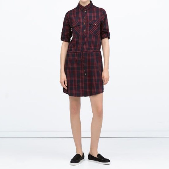 Zara Gathered Waist Checked Dress - Picture 1 of 4