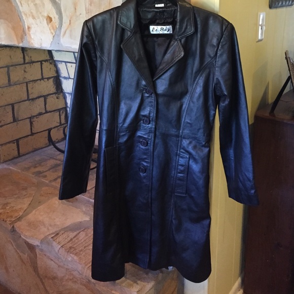 Black knee length all real leather coat sz L