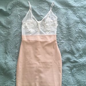 Pencil skirt dress with mesh & embroidered top.