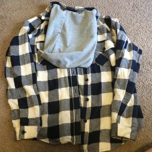 Blue and white plaid shirt.