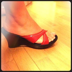 FLASHSALETommy Hilfiger red leather wedge sandals.