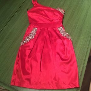 Bright red formal mini dress.