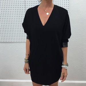 Leather cuffed DKNY 3/4 sleeved mini tunic dress