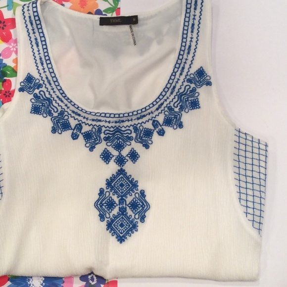 THML Tops - White/Blue high-low tank top / ethnic embroidery