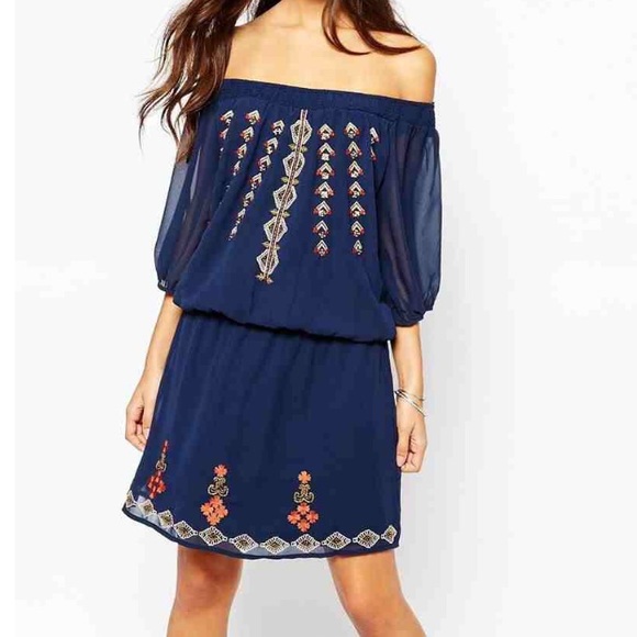 Vila Off The Shoulder Embroidered Dress