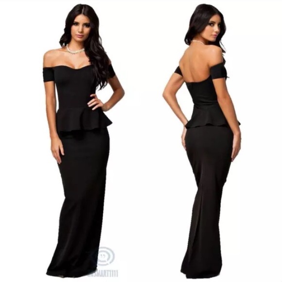 Black Off Shoulder Peplum Maxi Dress - Picture 2 of 4