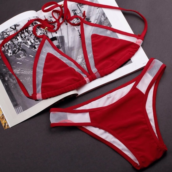Red Halter Mesh Bikini Top - Picture 1 of 3