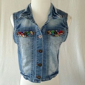 Bongo Rhinestone Pocket Denim Jean Vest Medium