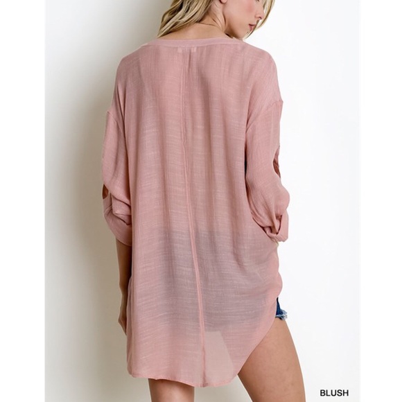 "Wild Roses" Tabbed Sleeve Linen Top - Picture 4 of 4