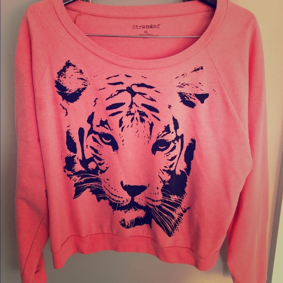 Stranded Tops - Cropped light coral long sleeve, tiger sweatshirt