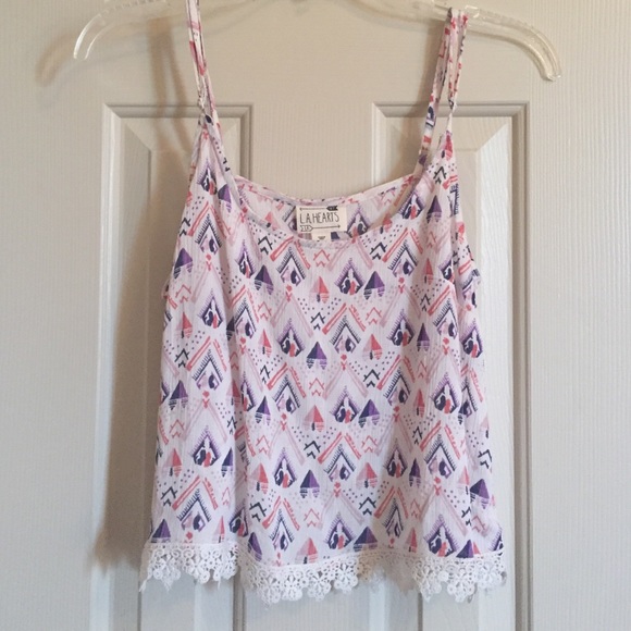 Tribal patterned crop top with lace trim