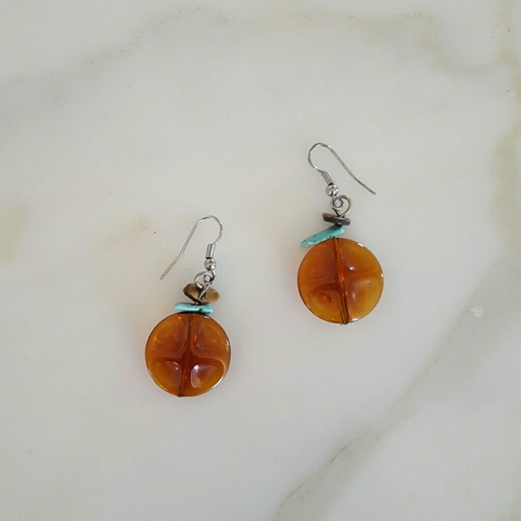Amber glass/ teal earrings