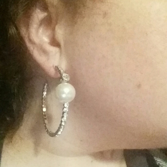 Big Pearl and CZ Hoops - Picture 2 of 2