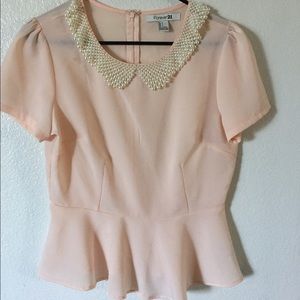 Peplum Peach Shirt with Pearl Collar
