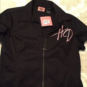 Short Sleeve Zipped Up Harley Davidson Blouse