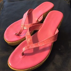 Flip-flop style cork-heel sandals. Bright pink!