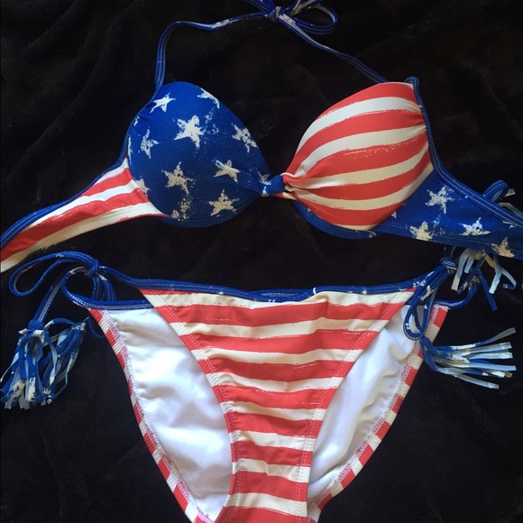 Blue and red striped bikini
