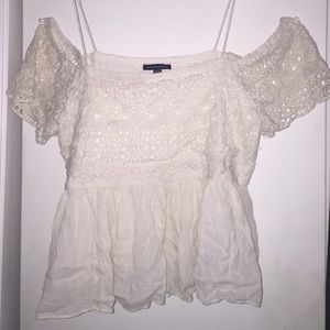 American eagle off the shoulder cream shirt