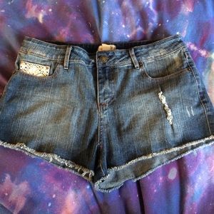 High Waisted Denim Shorts w/ Lace Detailing