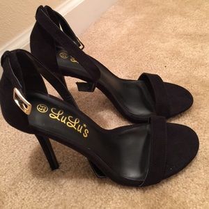 Black suede type heels by LuLu's. Worn once.