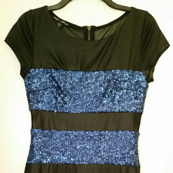 bebe sexy black with blue sequined stripes dress - Picture 1 of 3